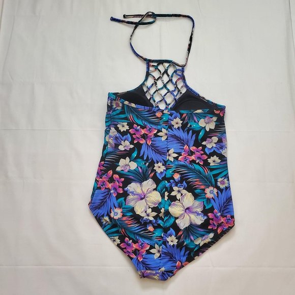 Tahiti Women's Blue/Multi One-Piece Lattice Front Halter Floral Swimsuit M(8-10) - Picture 7 of 14
